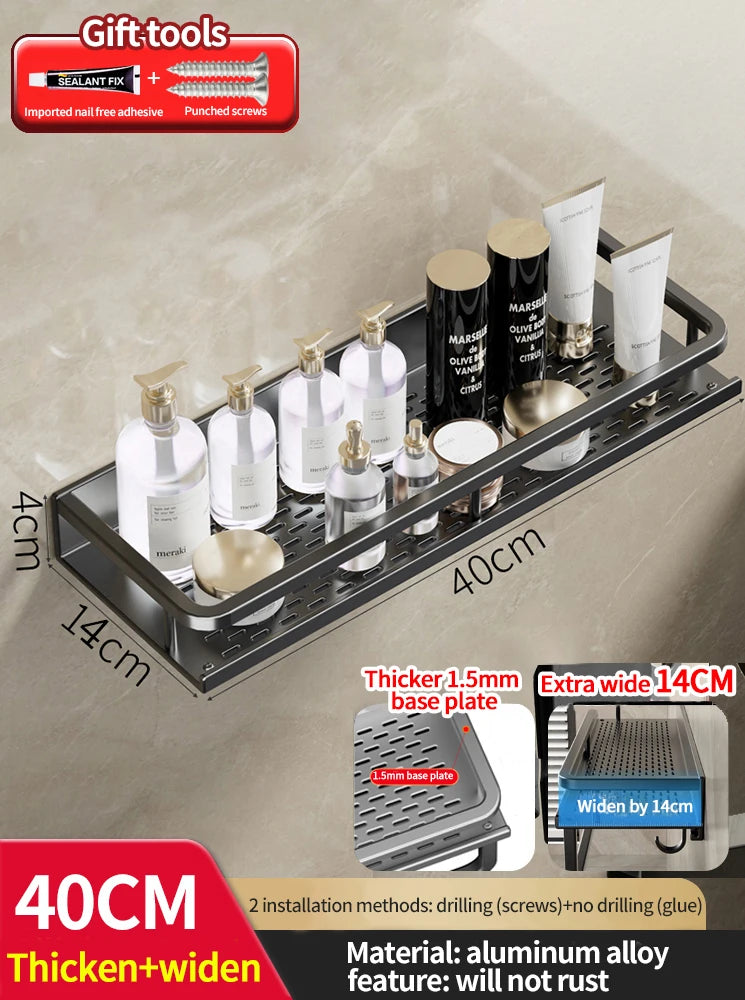 Bathroom shelf with toiletries and product details on a beige background