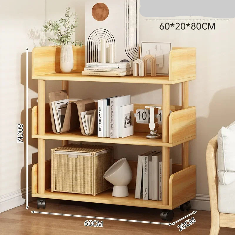 Wooden shelf with books and decor items, dimensions displayed