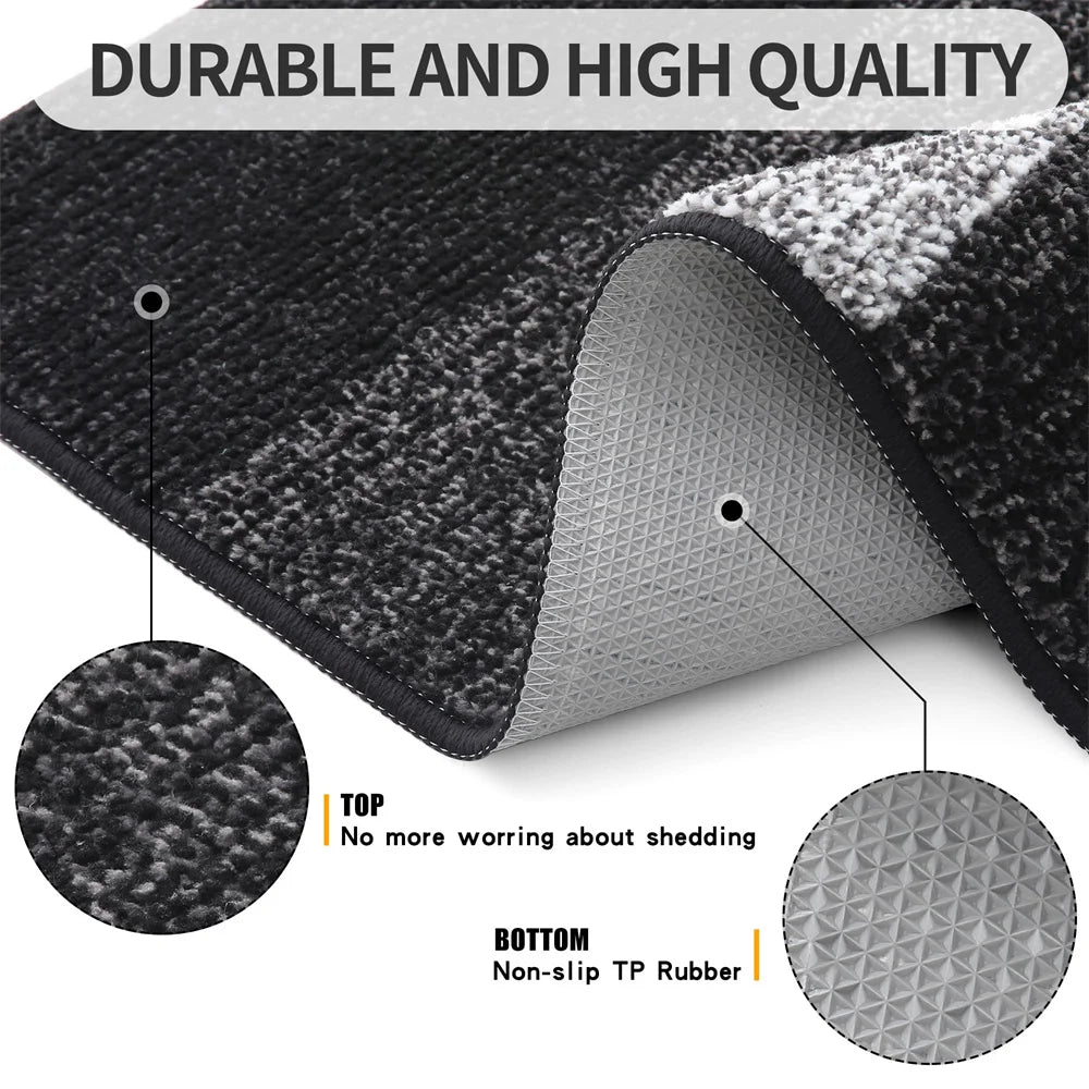 Textured mat with top and bottom views showing 'No more worrying about shedding' and 'Non-slip TP Rubber' respectively, with text 'Durable and High Quality'.