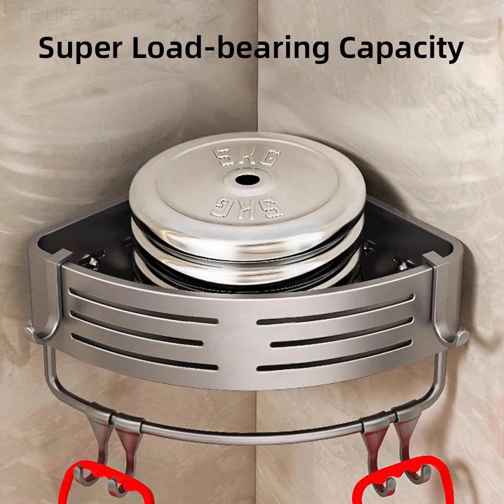 Metal shelf with weight plates on a tiled wall, emphasizing super load-bearing capacity.