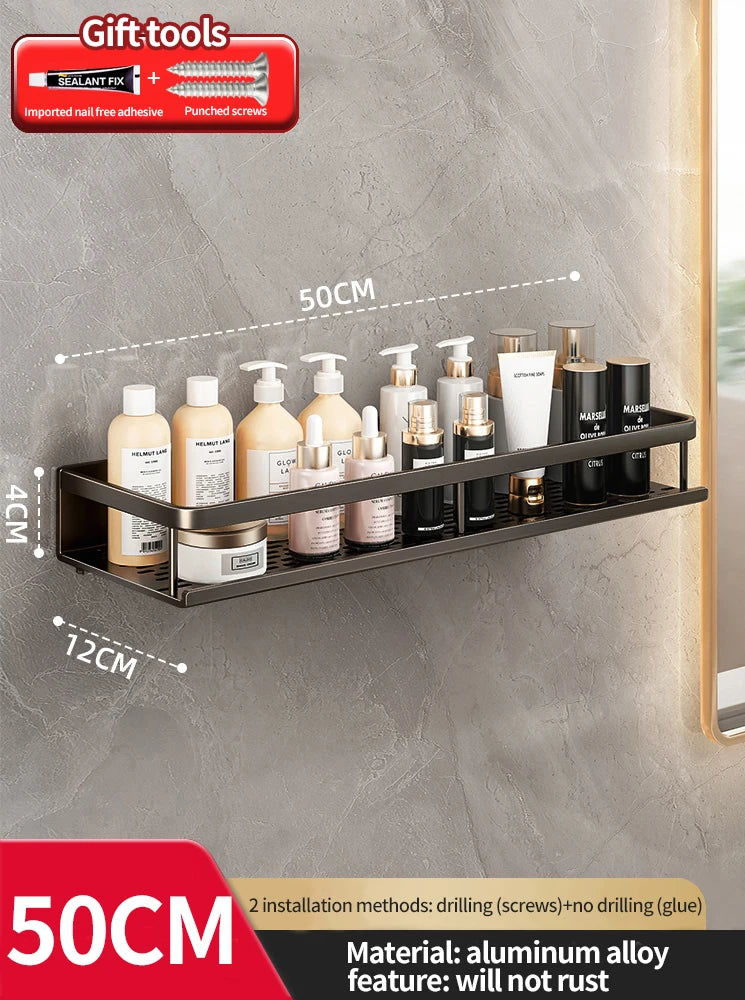 Wall-mounted shelf with toiletries on a gray wall, showing dimensions and material details.