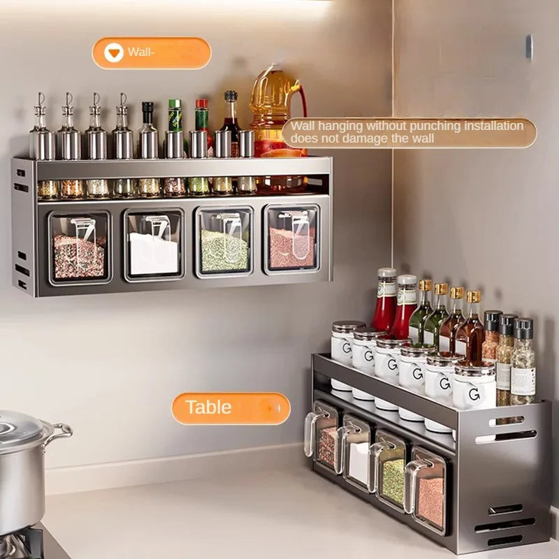 Spice rack system with bottles and containers on a wall and table.