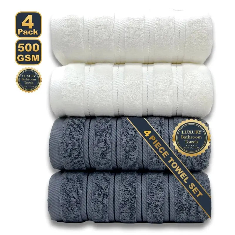 4‑Piece Egyptian Cotton Bath Towel Set – White & Grey Soft Highly Absorbent Quick‑Dry Luxury Home & Hotel Towels