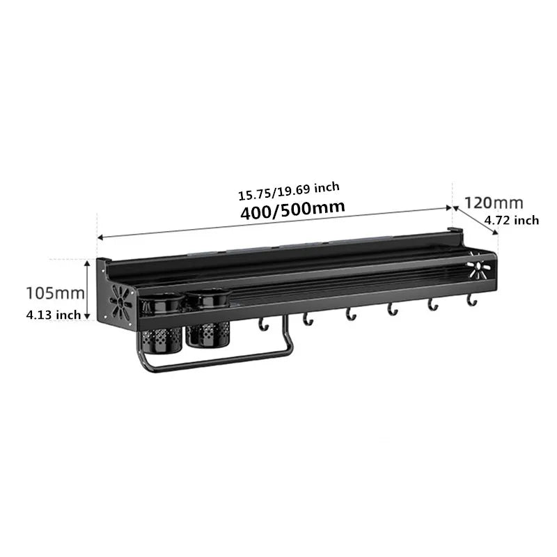 Black metal shelf with dimensions labeled on a white background