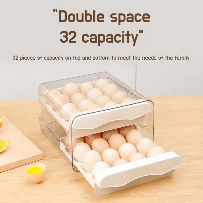 Egg storage container with 'Double space 32 capacity' text on a wooden surface.