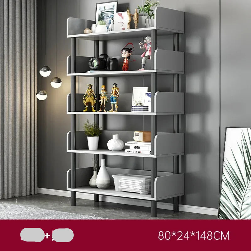 Gray bookshelf with decorative items against a gray wall