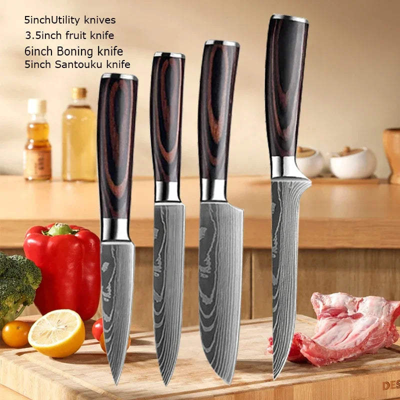 Professional Laser Knife Set, Chef, Santoku, Cleaver & Boning Knife