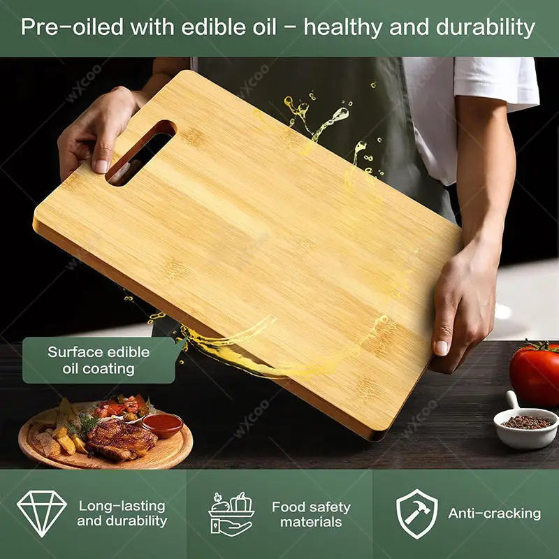 Wooden cutting board with edible oil coating held by a person, with food items on a table.