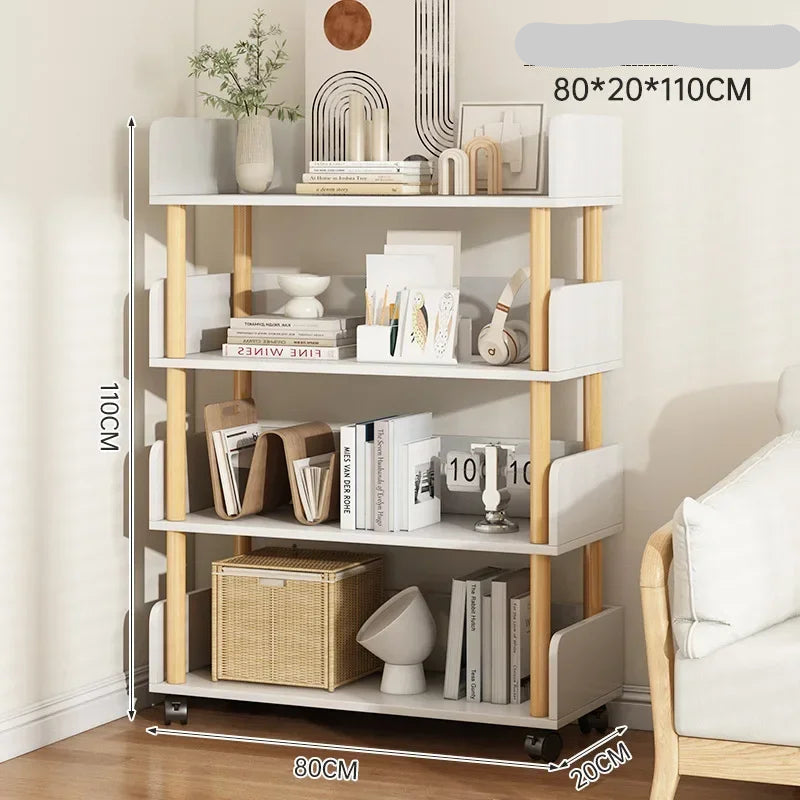 Wooden bookshelf with books and decor items against a neutral wall.