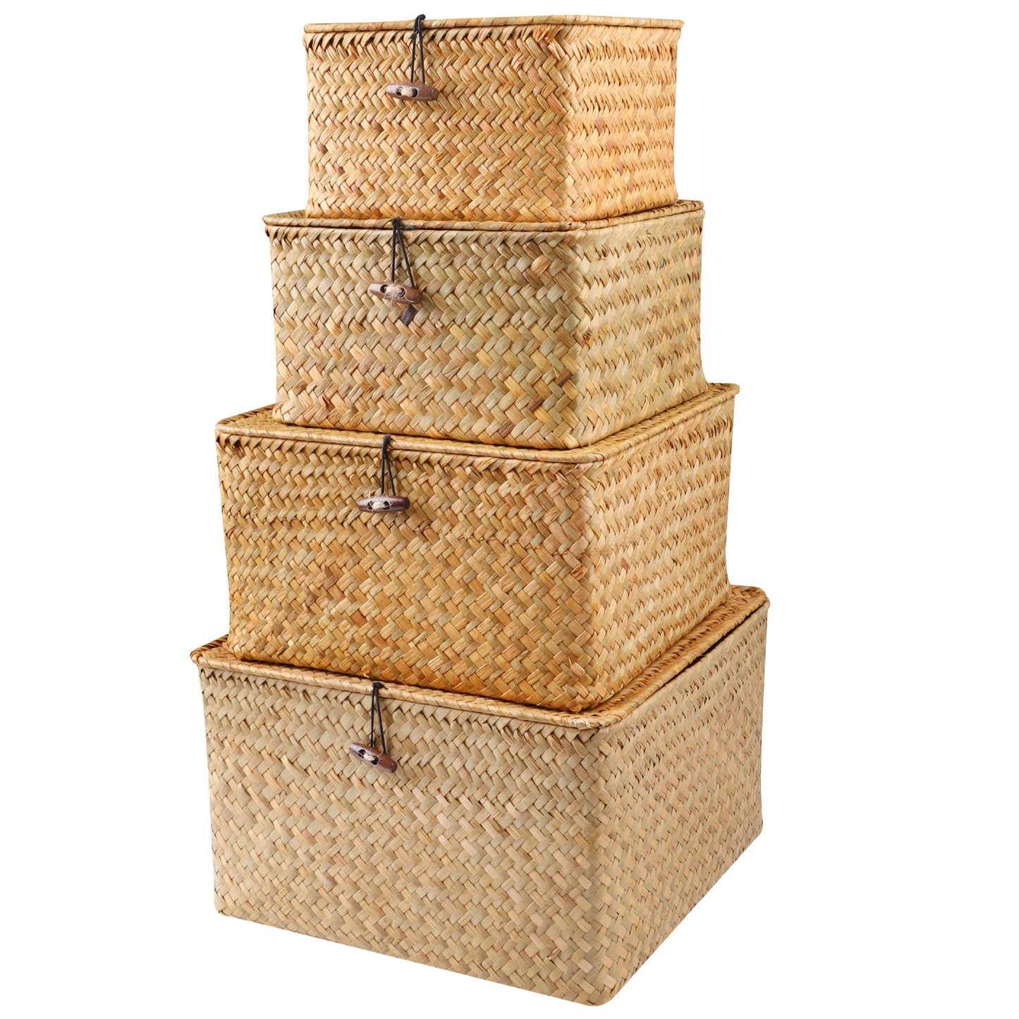 Set of 4 Seagrass Storage Baskets with Lids Woven Organizer Boxes