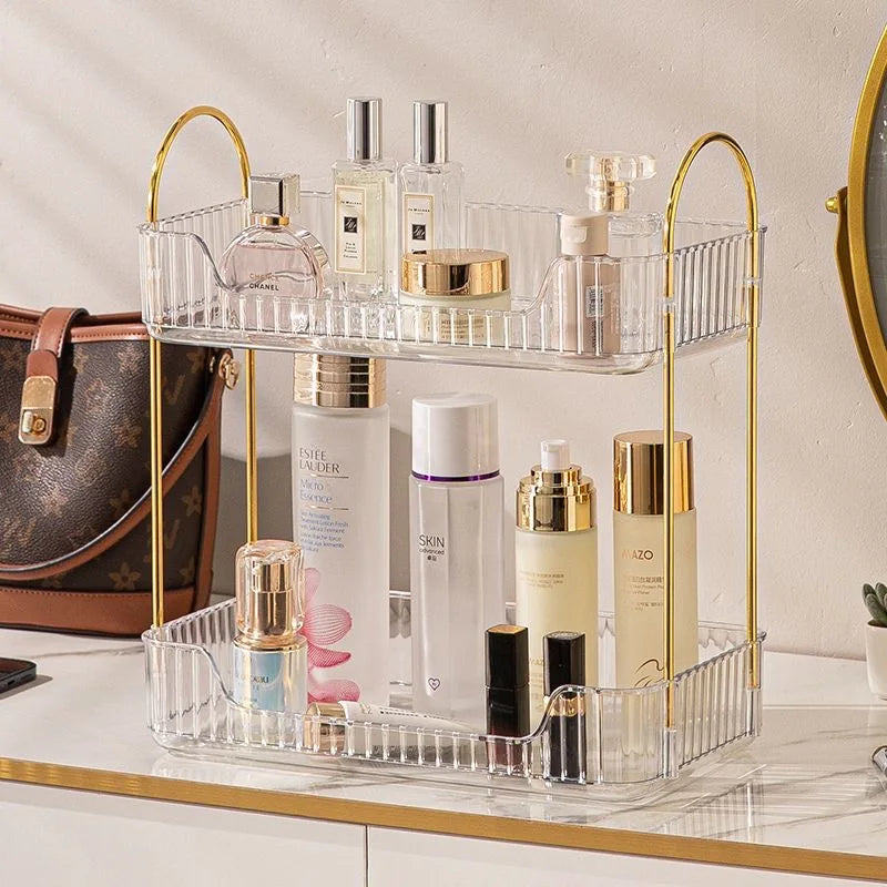 Cosmetic organizer with skincare products on a vanity table.