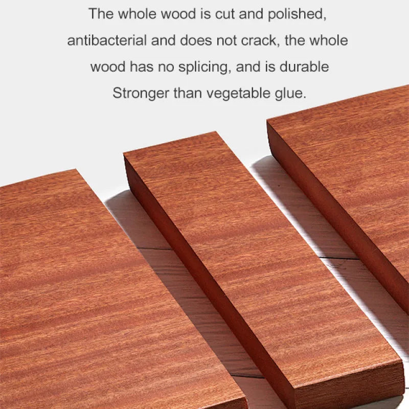 Three pieces of polished wooden planks on a white background with text describing their properties.