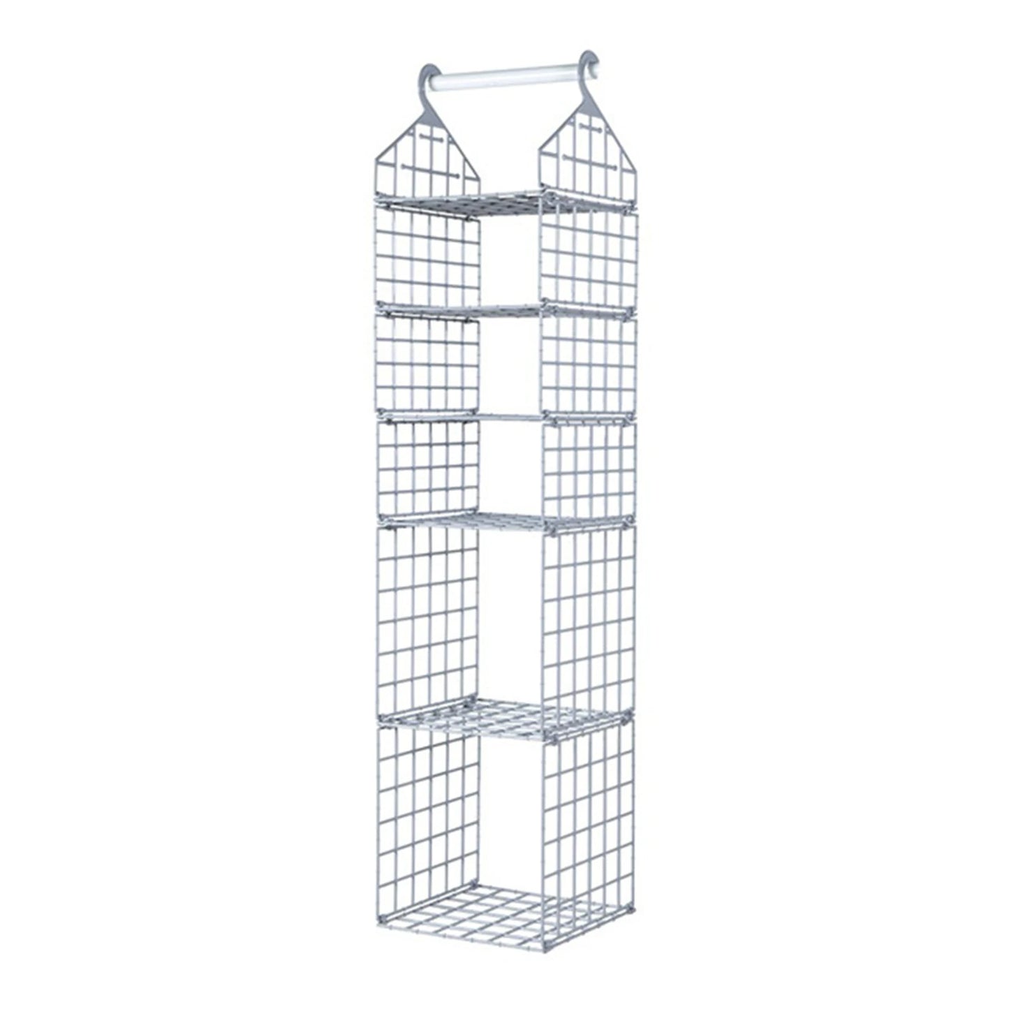 Metal wire basket with multiple shelves on a white background