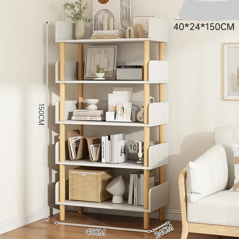 Bookshelf with wooden legs and white shelves in a room setting