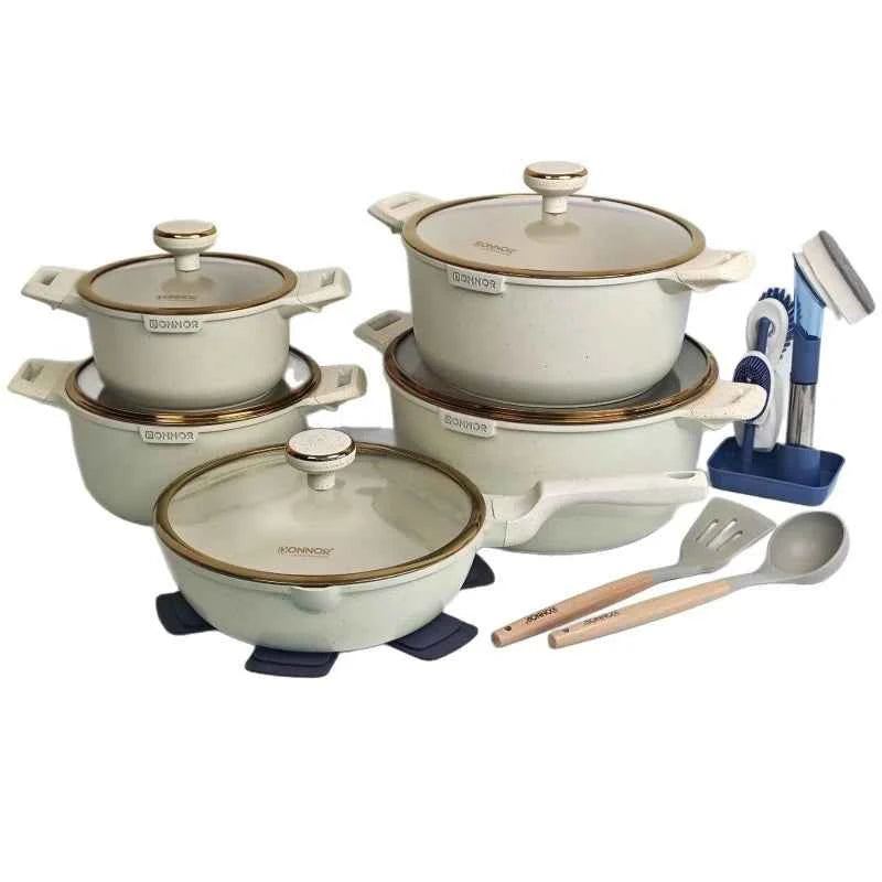 DONNOR 21Pcs Non-stick Cookware Set Soup Pots with Gold Plated Ring Glass Lid Aluminum Stew Pot Frying Pan Kitchen Cooking Pots