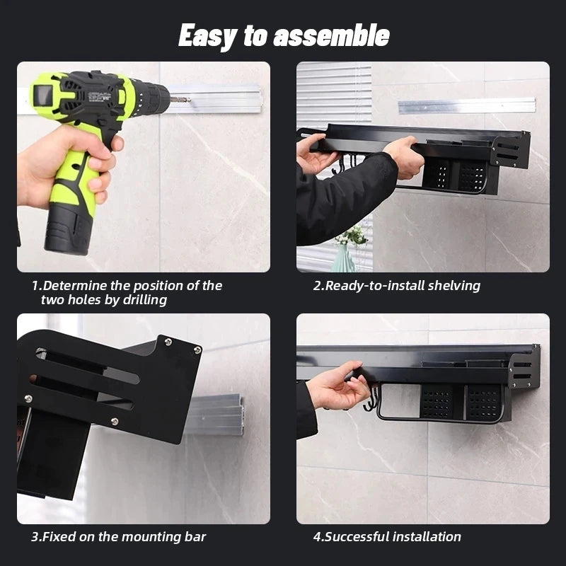 Step-by-step guide on assembling shelving units with a drill and mounting bar.