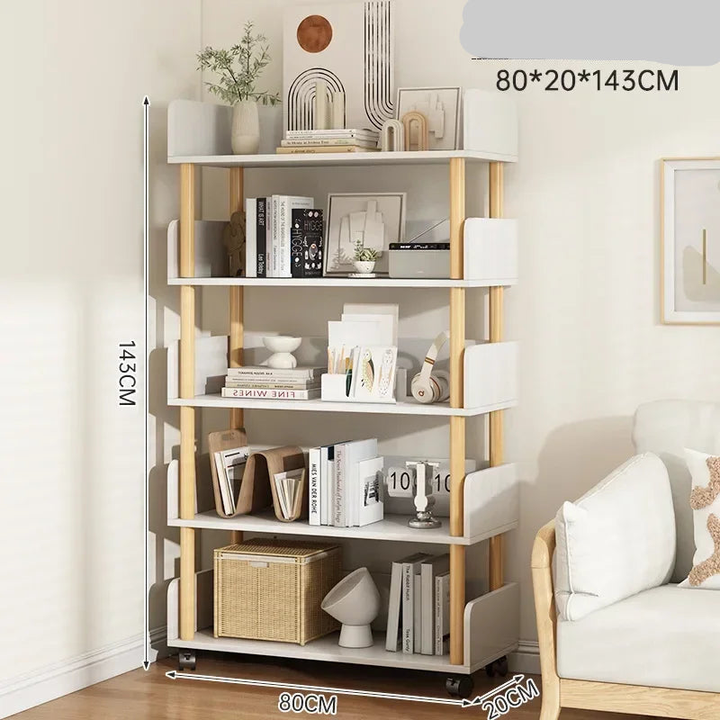 White bookshelf with wooden legs in a room setting with a sofa and decor items.