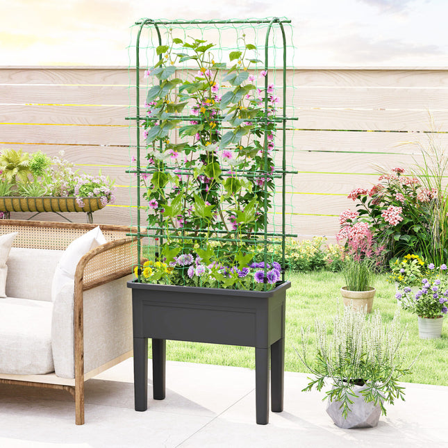 Self-watering Raised Garden Bed Elevated Planter with Climbing Trellis-Black