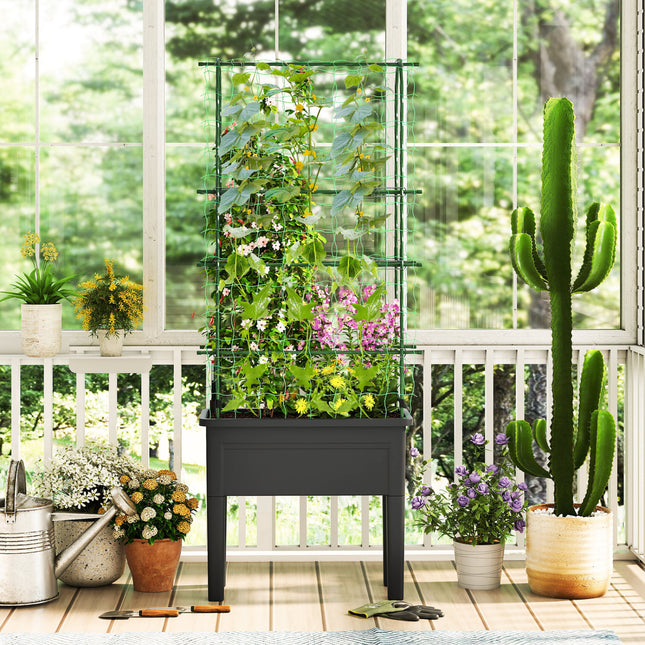 Self-watering Raised Garden Bed Elevated Planter with Climbing Trellis-Black