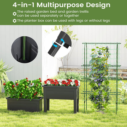Self-watering Raised Garden Bed Elevated Planter with Climbing Trellis-Black