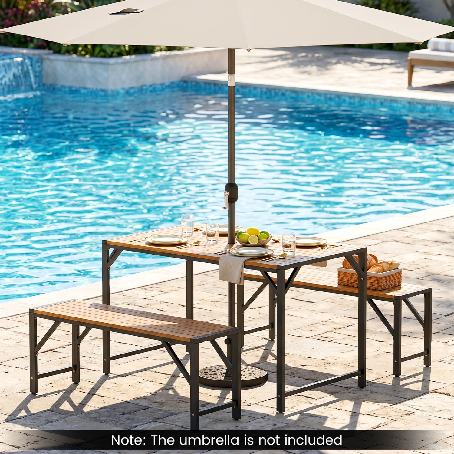 Set of 1 Acacia Wood Outdoor Bench 47.5" with Slatted Seat for Backyard