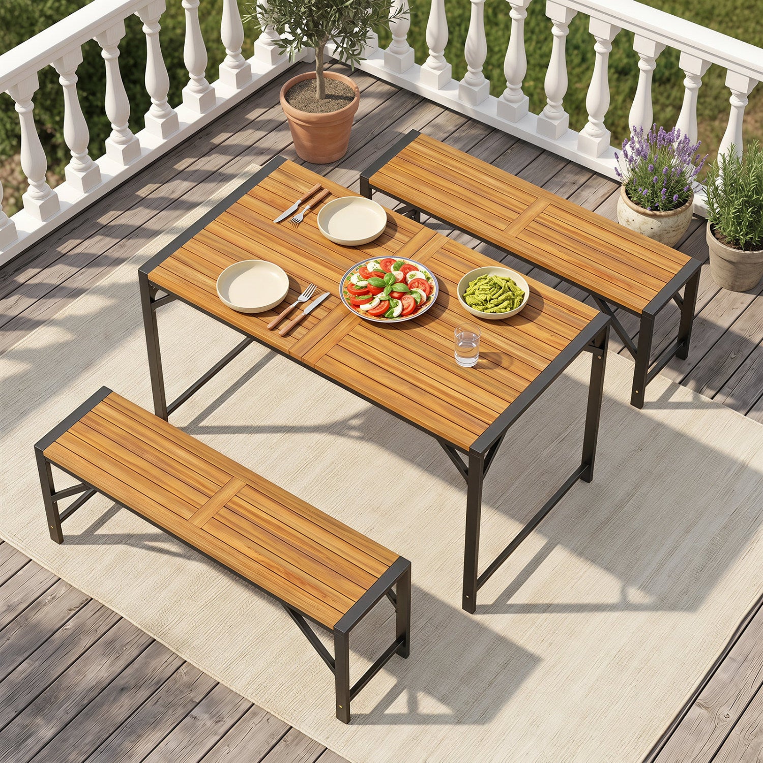 Set of 1 Acacia Wood Outdoor Bench 47.5" with Slatted Seat for Backyard