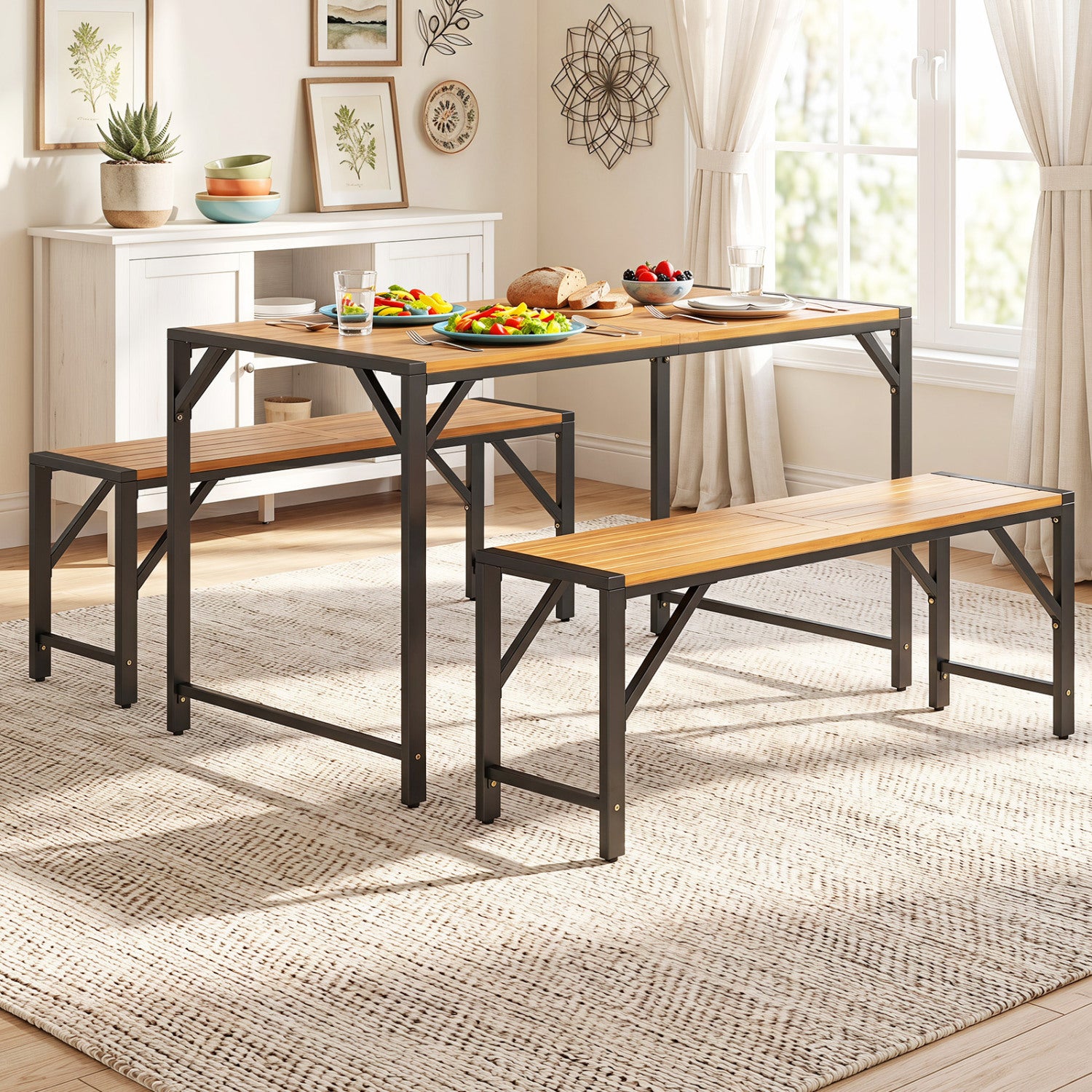 Set of 1 Acacia Wood Outdoor Bench 47.5" with Slatted Seat for Backyard