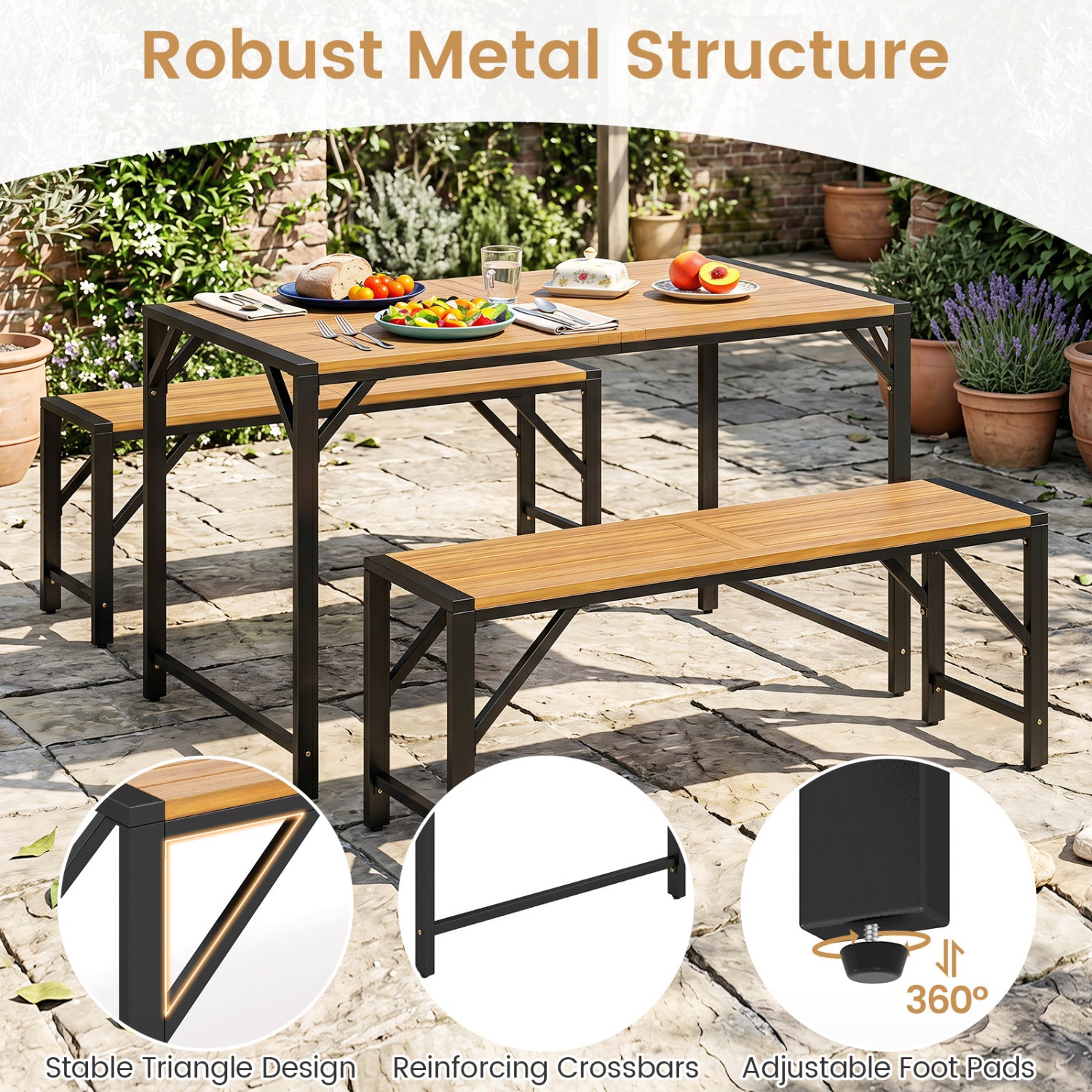 Set of 1 Acacia Wood Outdoor Bench 47.5" with Slatted Seat for Backyard