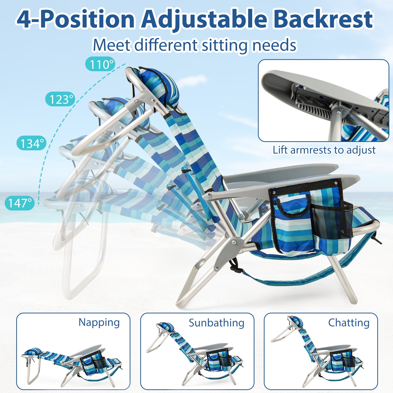 Set of 1 Folding Beach Chair for Adults with 4-Position Adjustable Backrest