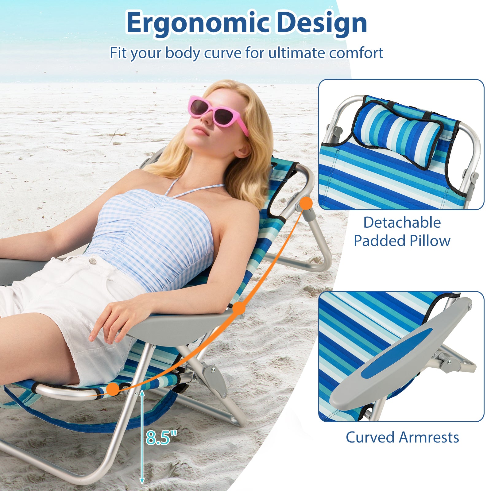 Set of 1 Folding Beach Chair for Adults with 4-Position Adjustable Backrest