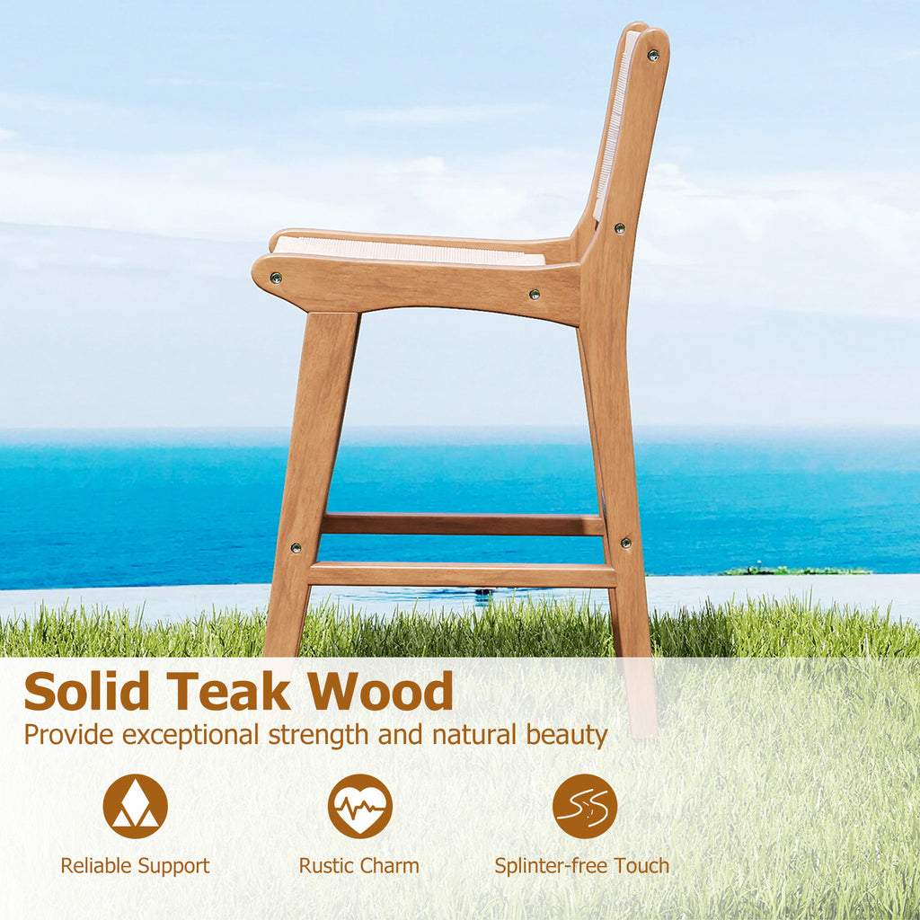 Set of 1 Outdoor Counter Height Bar Stool Woven Paper Rope Patio Barstool with Teak Wood Frame