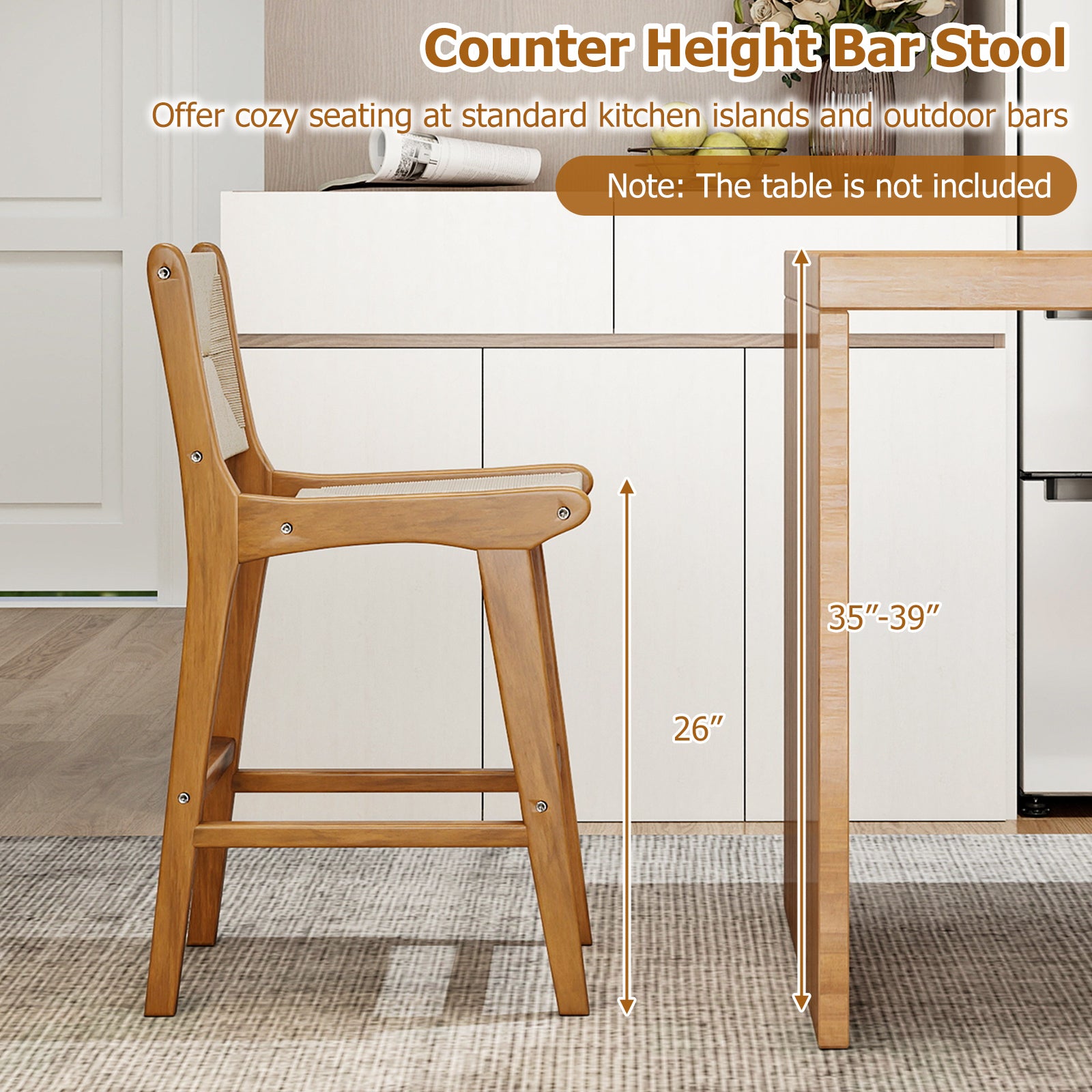 Set of 1 Outdoor Counter Height Bar Stool Woven Paper Rope Patio Barstool with Teak Wood Frame