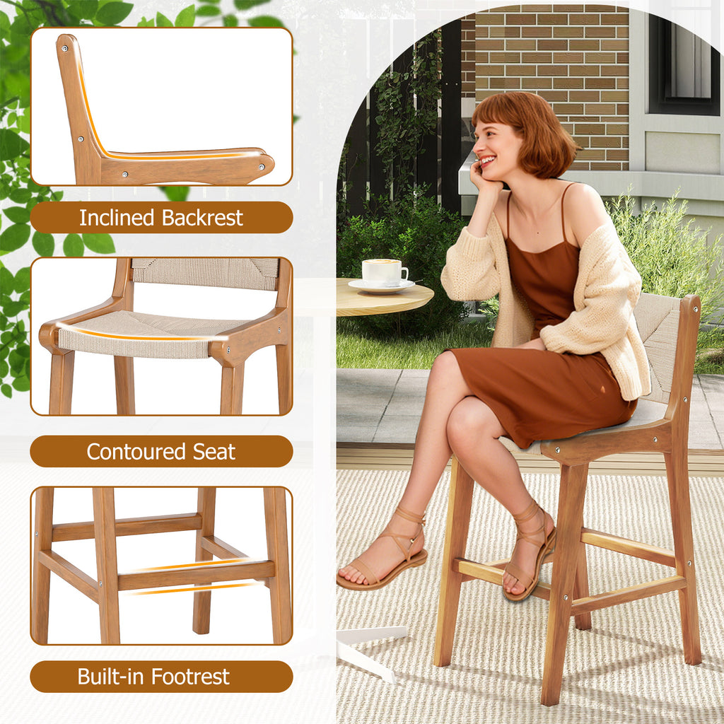 Set of 1 Outdoor Counter Height Bar Stool Woven Paper Rope Patio Barstool with Teak Wood Frame