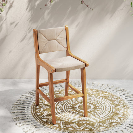 Set of 1 Outdoor Counter Height Bar Stool Woven Paper Rope Patio Barstool with Teak Wood Frame