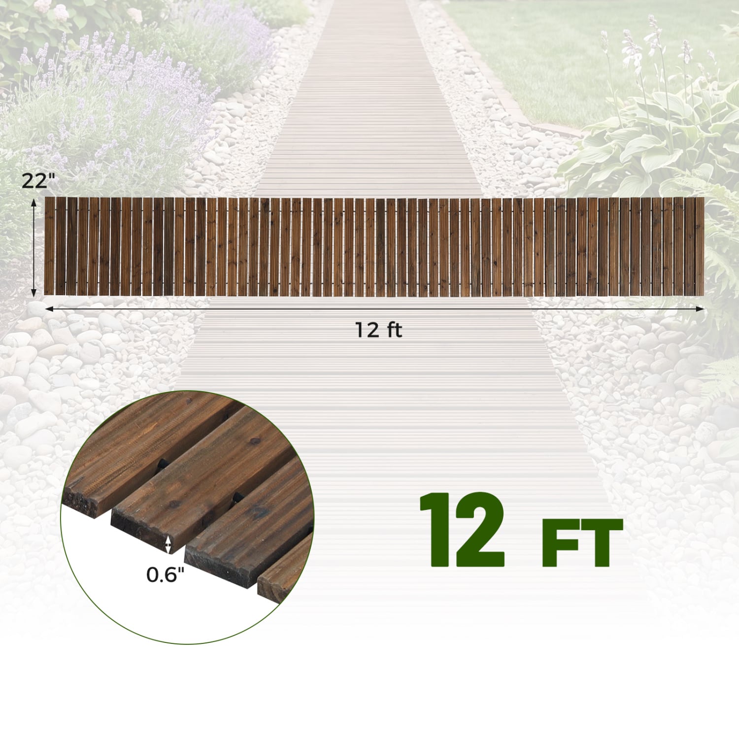 Set of 2 12 FT Wooden Garden Pathway Roll Out Decorative Cedar Straight Outdoor Walkway-Brown