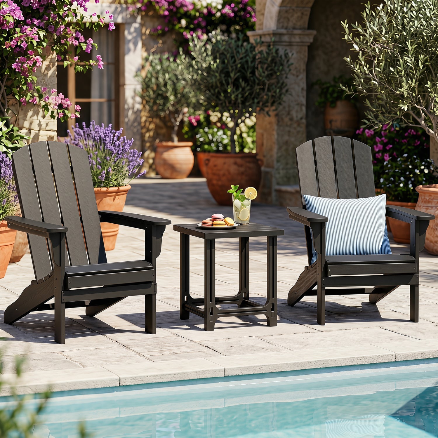Set of 2 18 Inch Outdoor Adirondack Side Table with Slatted Surface-Black