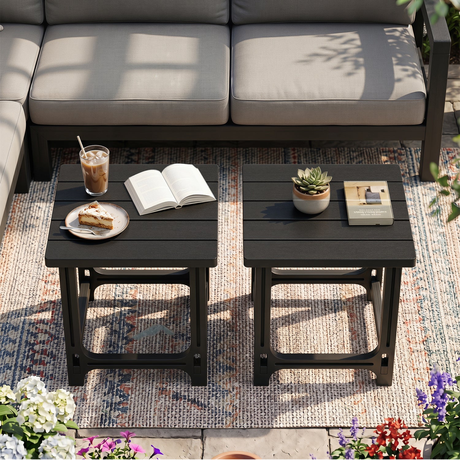 Set of 2 18 Inch Outdoor Adirondack Side Table with Slatted Surface-Black