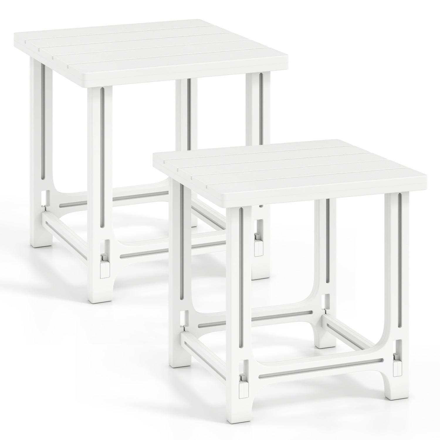 Set of 2 18 Inch Outdoor Adirondack Side Table with Slatted Surface-White