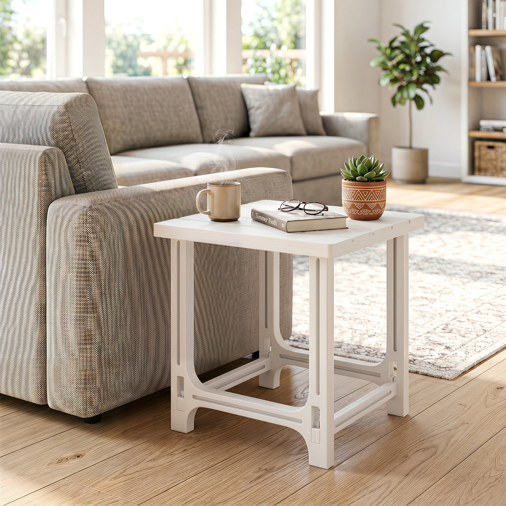 Set of 2 18 Inch Outdoor Adirondack Side Table with Slatted Surface-White
