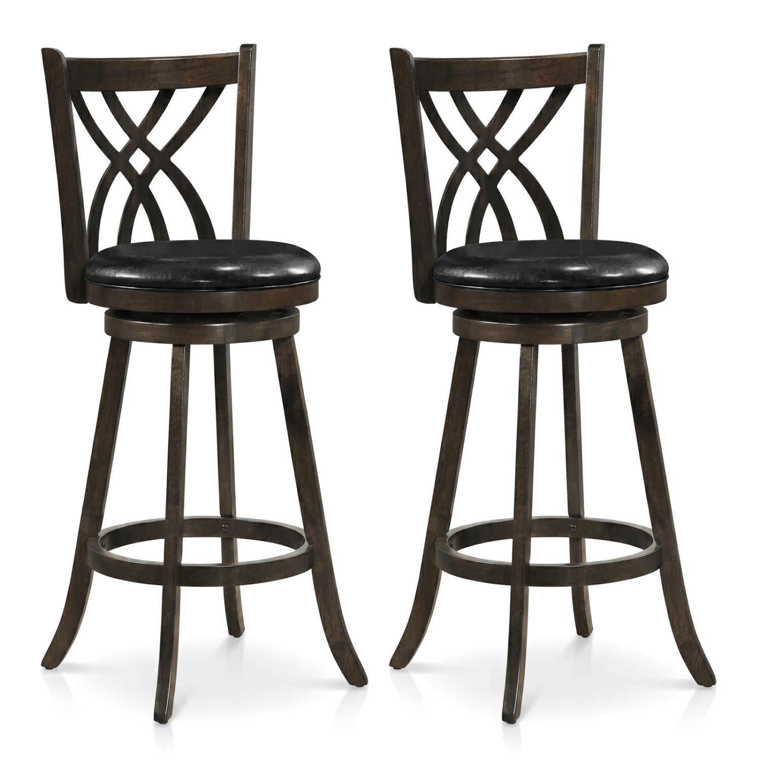 Set of 2 29" Counter Height Bar Stools with Rubber Wood Frame and Hollowed Backrest-Gray