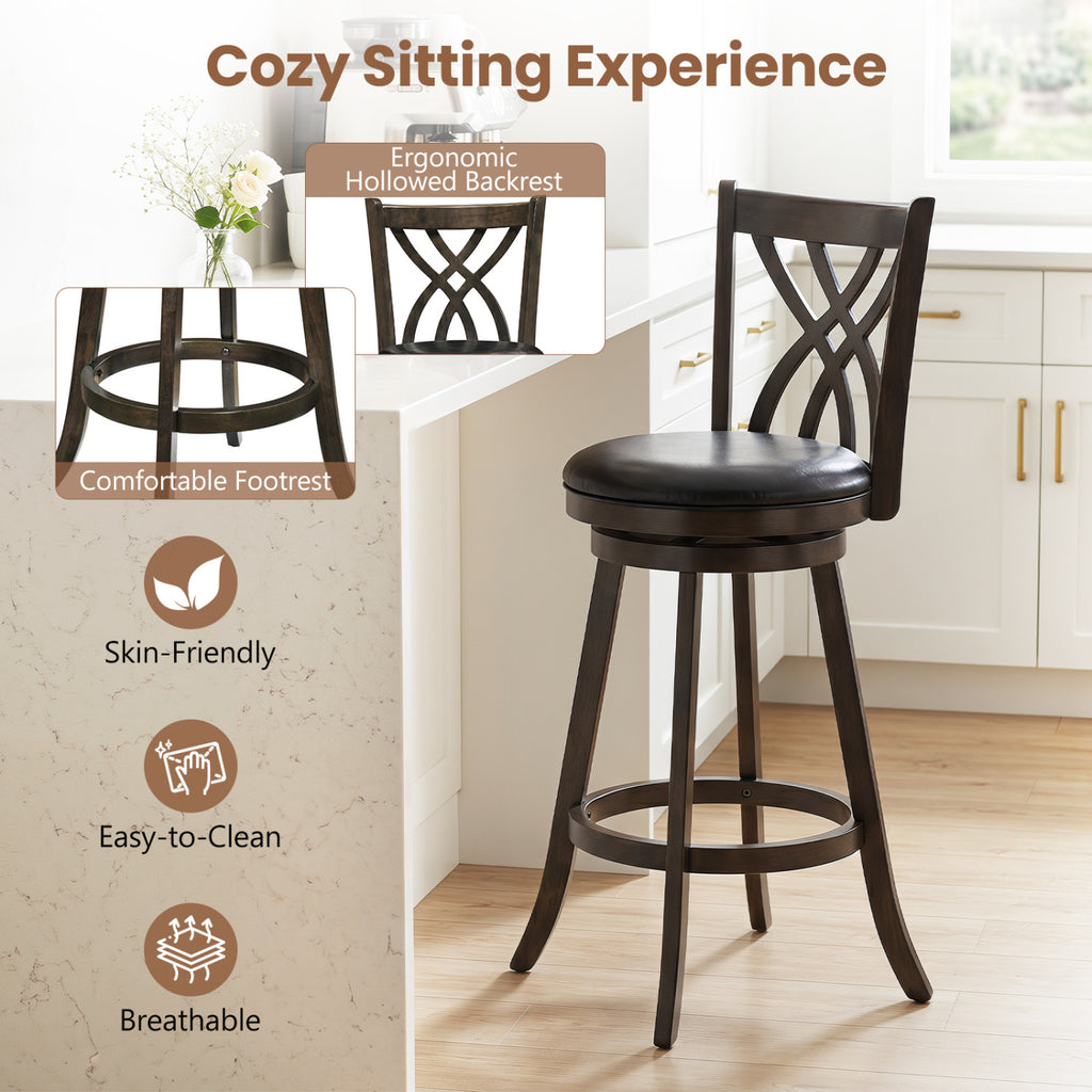 Set of 2 29" Counter Height Bar Stools with Rubber Wood Frame and Hollowed Backrest-Gray
