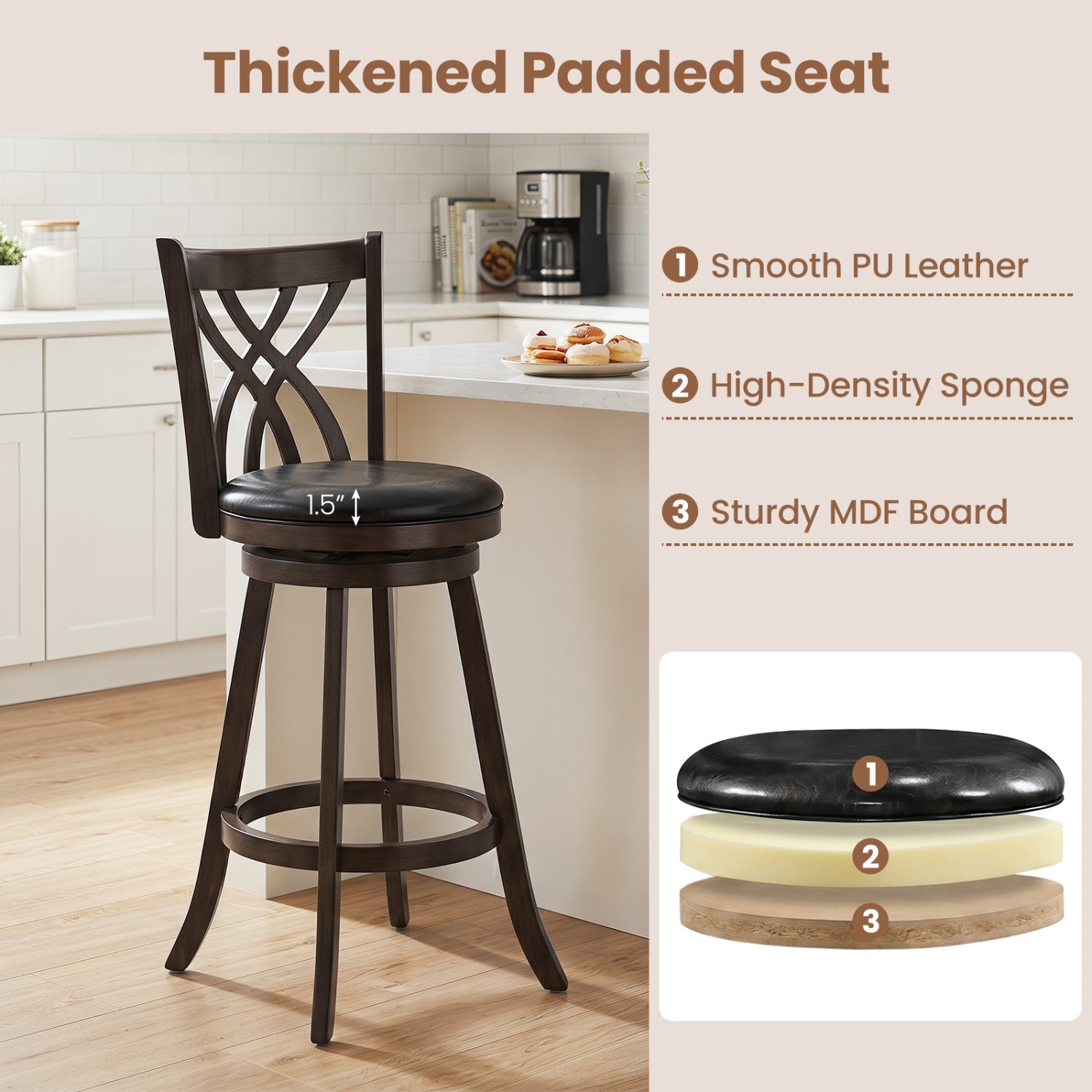 Set of 2 29" Counter Height Bar Stools with Rubber Wood Frame and Hollowed Backrest-Gray