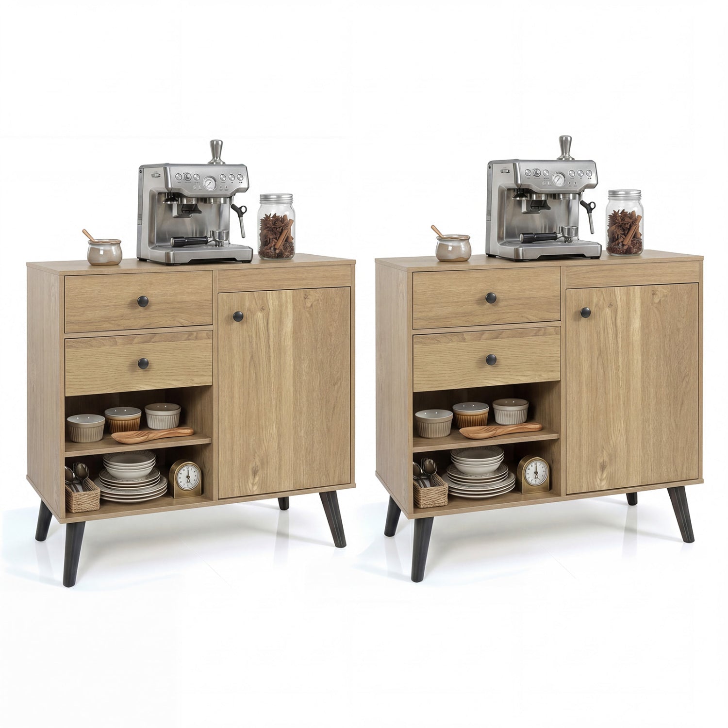 Set of 2 31" Buffet Cabinet with 2 Drawers and Open Compartments for Kitchen-Natural