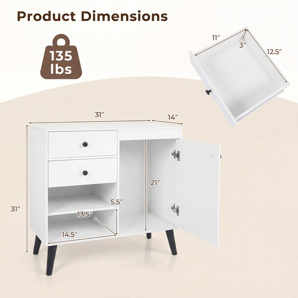 Set of 2 31" Buffet Cabinet with 2 Drawers and Open Compartments for Kitchen-White