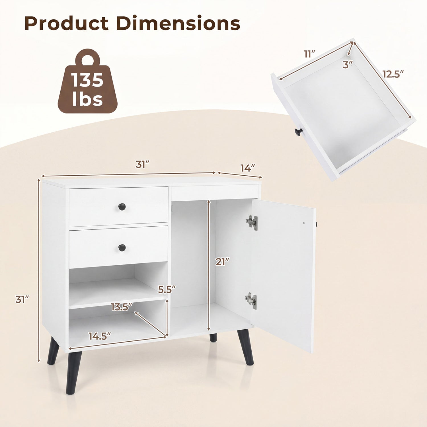 Set of 2 31" Buffet Cabinet with 2 Drawers and Open Compartments for Kitchen-White