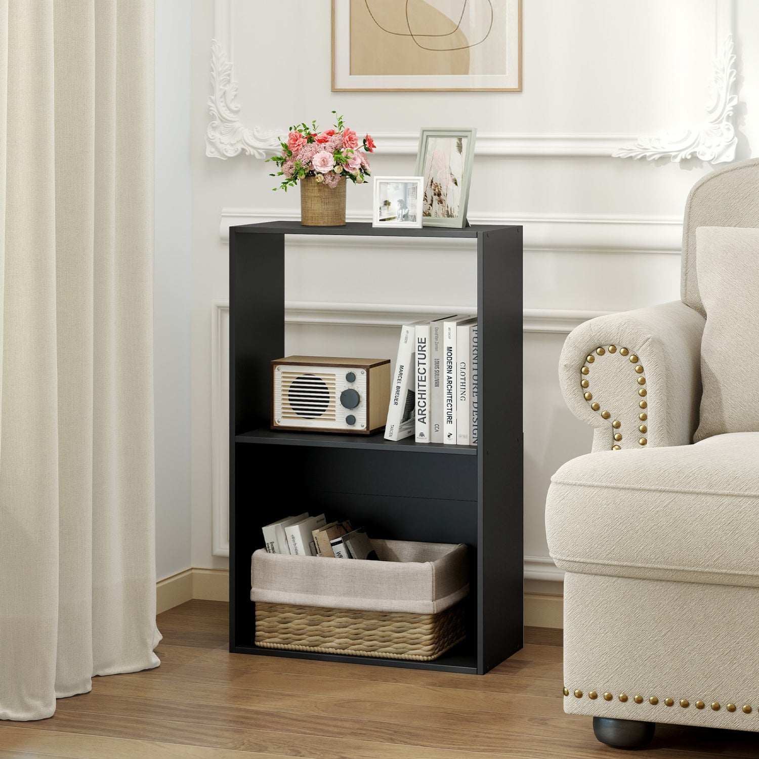 Set of 2 3-Tier Bookshelf with Open Storage Compartment and Freestanding Display Shelf-Black