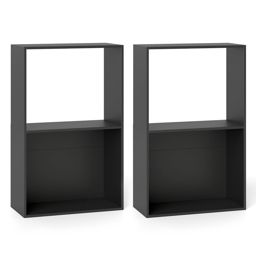 Set of 2 3-Tier Bookshelf with Open Storage Compartment and Freestanding Display Shelf-Black