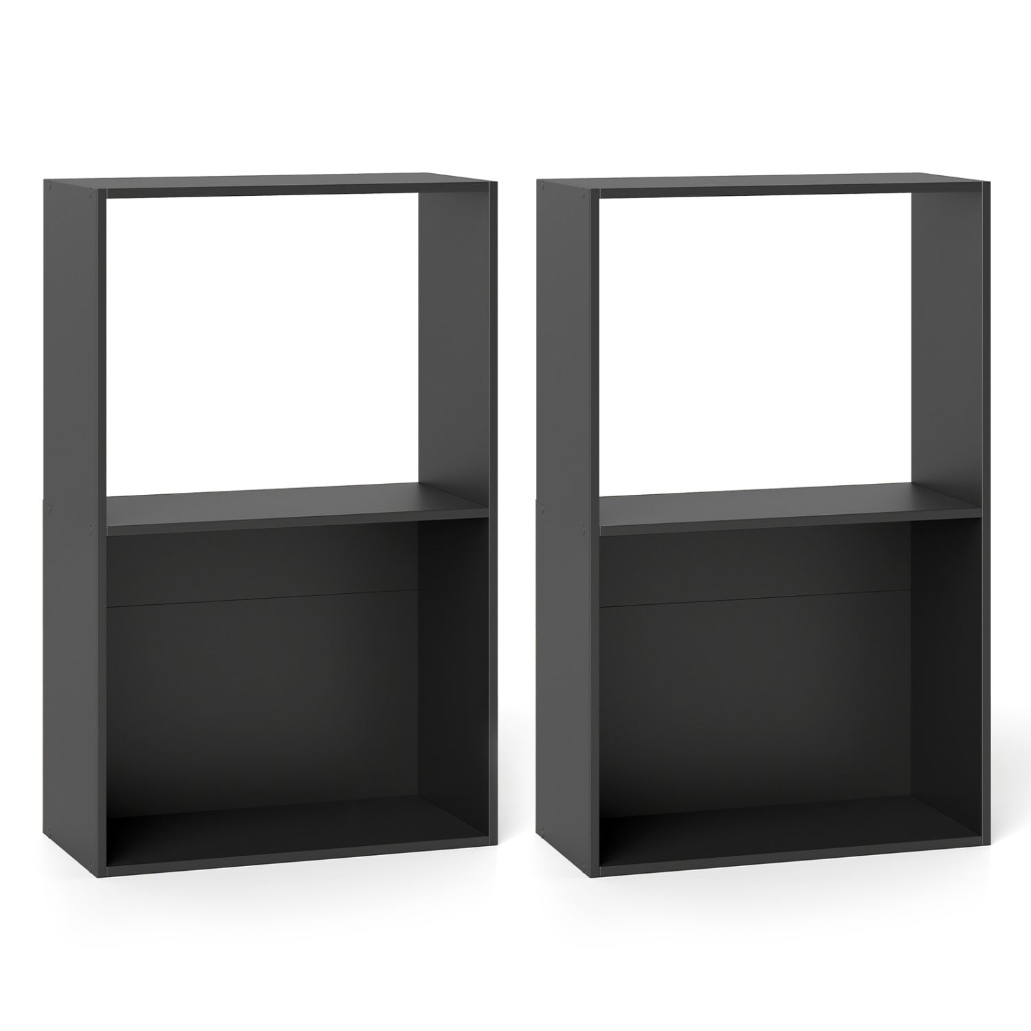 Set of 2 3-Tier Bookshelf with Open Storage Compartment and Freestanding Display Shelf-Black
