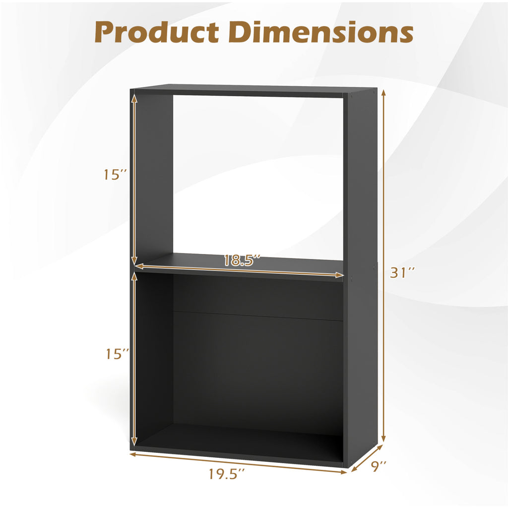 Set of 2 3-Tier Bookshelf with Open Storage Compartment and Freestanding Display Shelf-Black