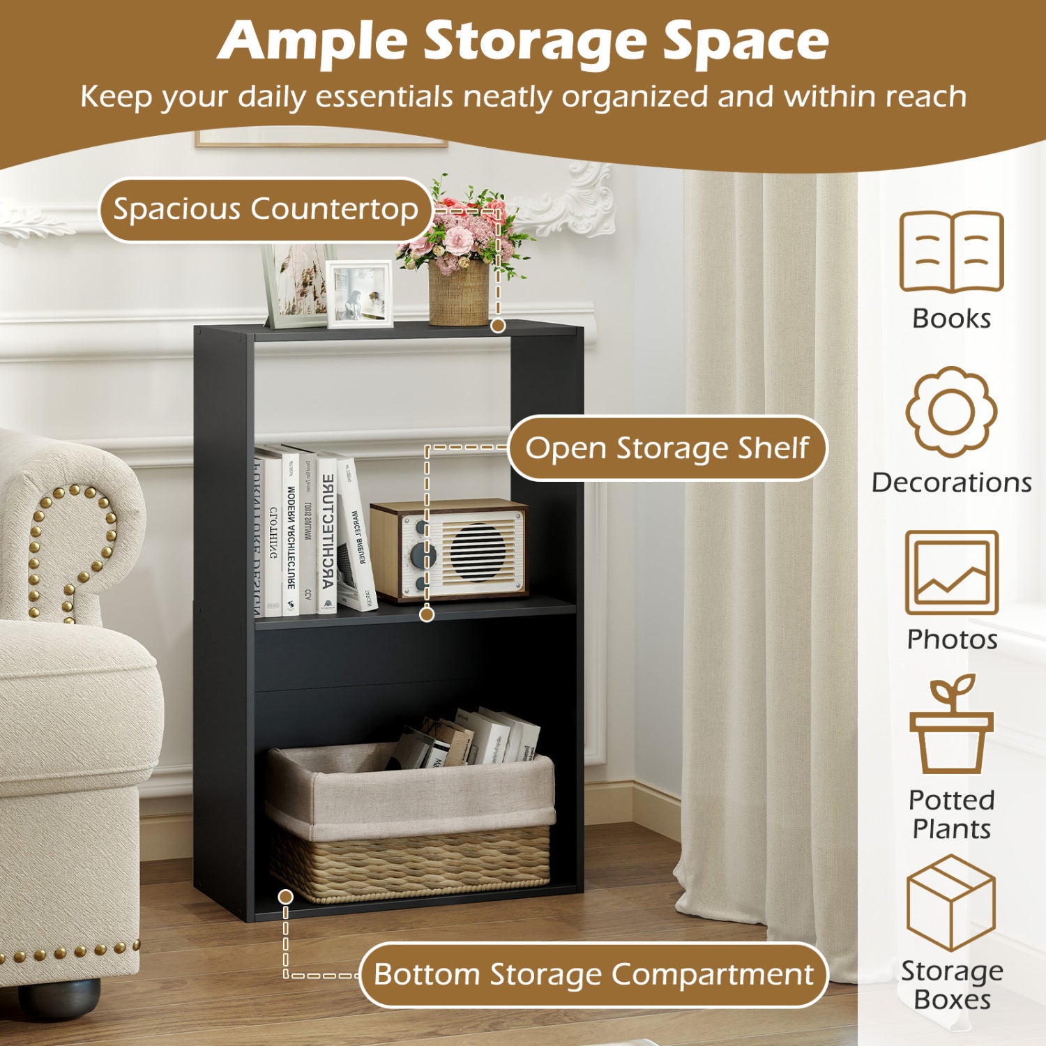 Set of 2 3-Tier Bookshelf with Open Storage Compartment and Freestanding Display Shelf-Black